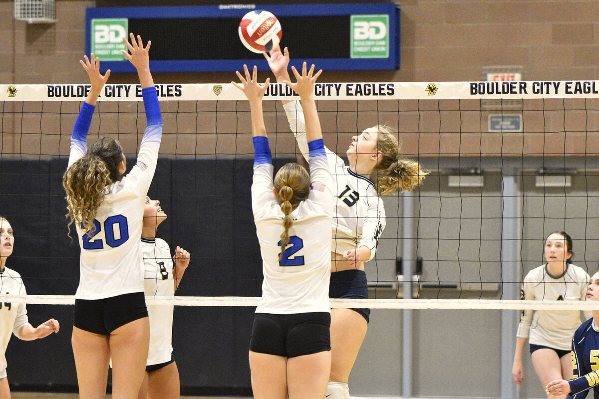 Robert Vendettoli/Boulder City Review Freshman Juliette Kelso throws down a kill against Coral ...