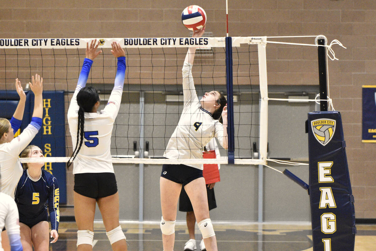 Robert Vendettoli/Boulder City Review Senior Lily Mackey throws down a kill against Coral Acade ...