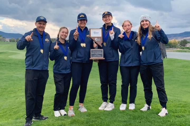 Photo courtesy Robert Reese Boulder City High School girls golf celebrate their 3A state champi ...