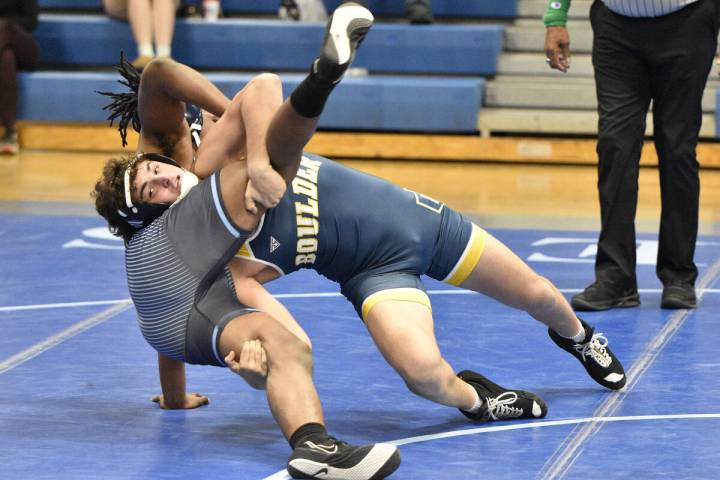 Robert Vendettoli/Boulder City Review Nathaniel Lewis wrestles his opponent to the ground again ...