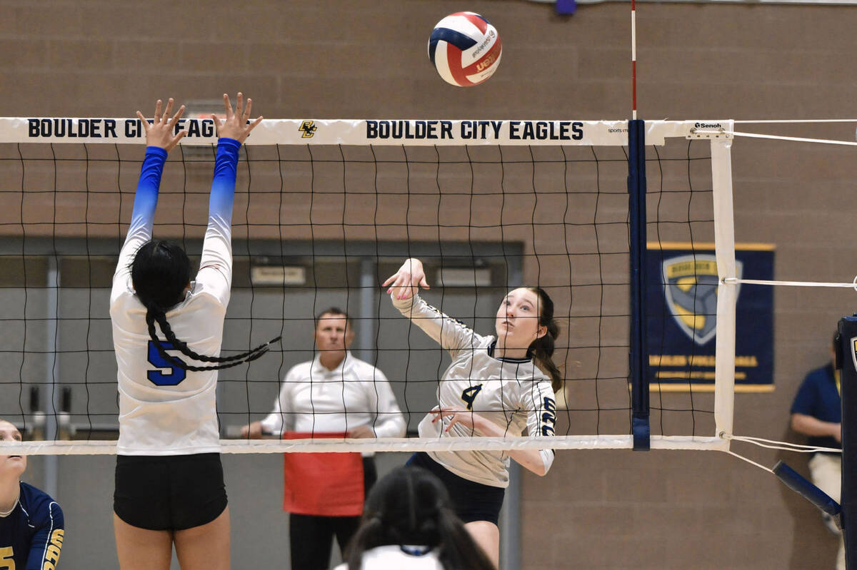 Robert Vendettoli/Boulder City Review Senior Lily Mackey throws down a kill against Coral Acade ...