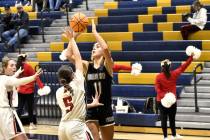 Robert Vendettoli/Boulder City Review Kyra Stevens pulls up for a shot against Lincoln County i ...