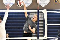 Robert Vendettoli/Boulder City Review Chandler Shamo goes up for a thunderous spike in practice ...