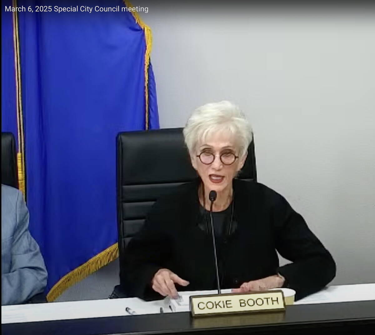 Screenshot Councilwoman Cokie Booth reads a statement concerning City Attorney Brittany Walker ...