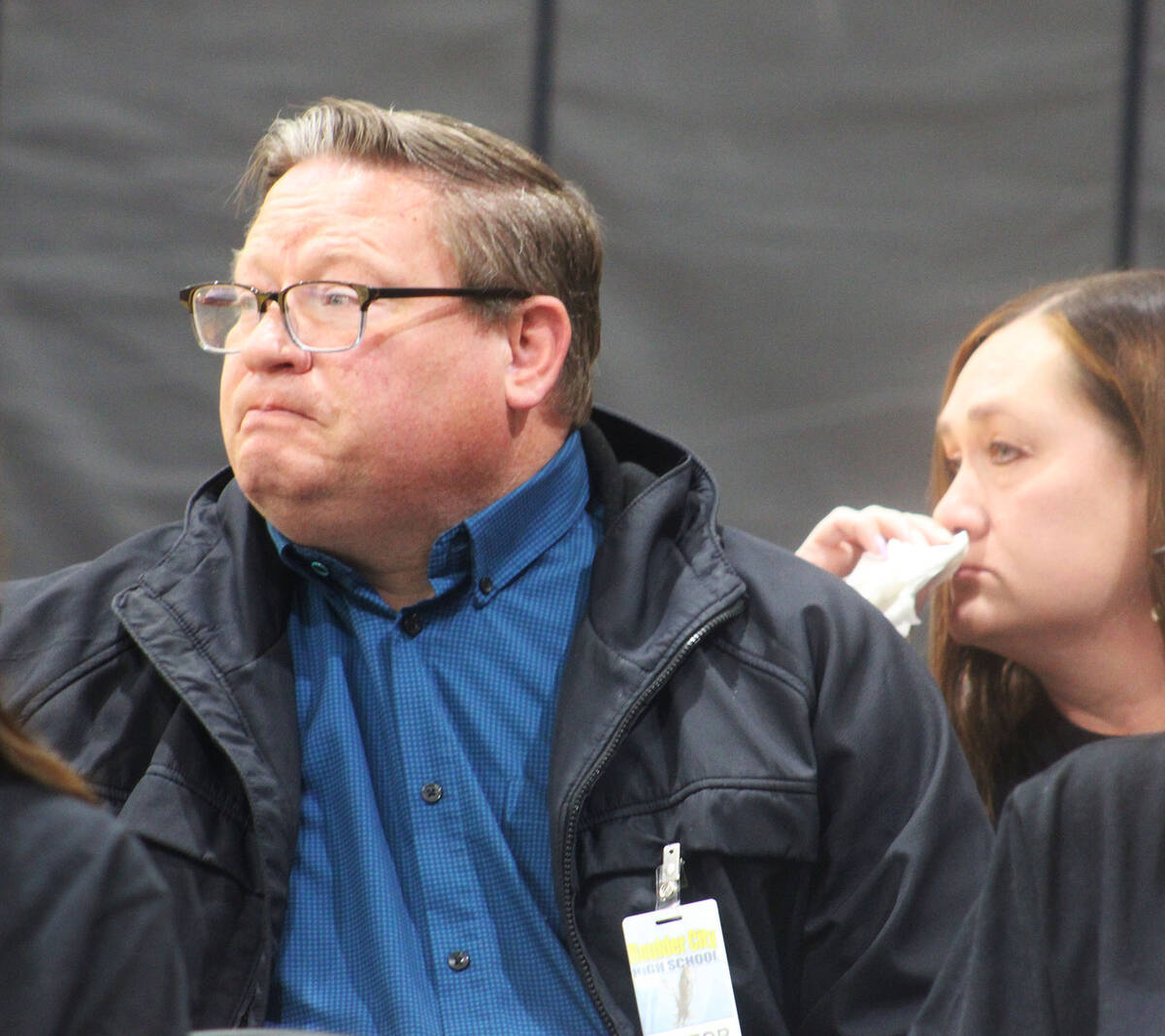 Ron Eland/Boulder City Review David and Kara Zwahlen hold back tears as they watch a video of t ...