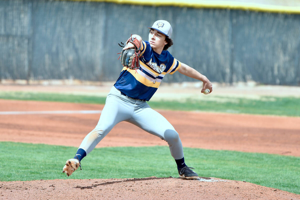 Robert Vendettoli/Boulder City Review BCHS pitcher Evan Wagstaff throws a strike against Green ...