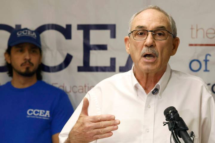 Clark County Education Association Executive Director John Vellardita speaks during a press con ...