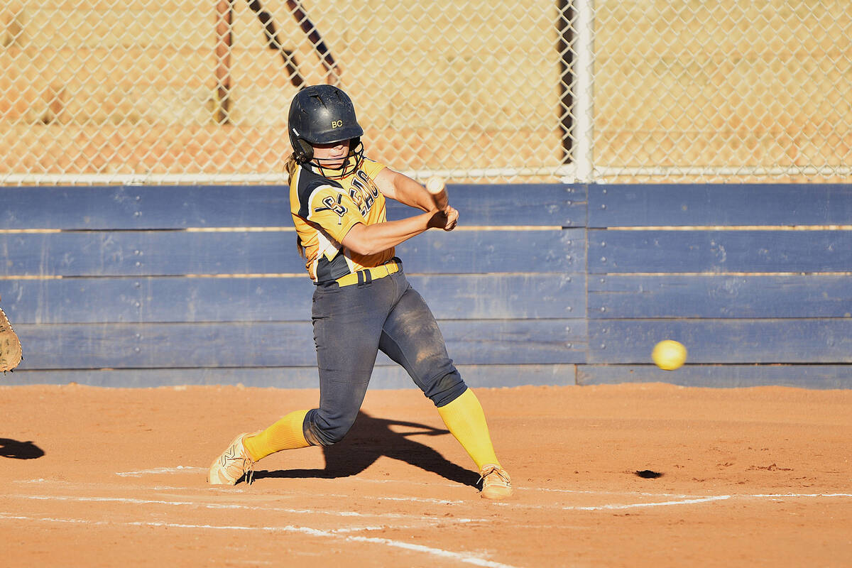 Robert Vendettoli/Boulder City Review Hayden Nordstorm hits a ball up the middle of the field a ...