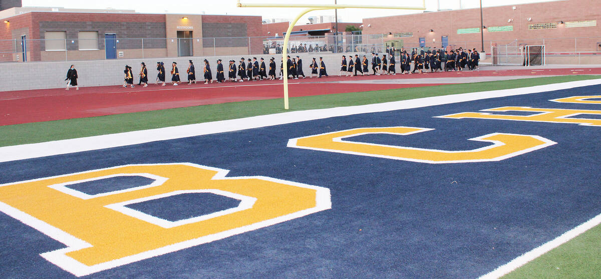 With the BCHS in the foreground, the class of 2025 enters Bruce Eaton Field to cheers of a few ...