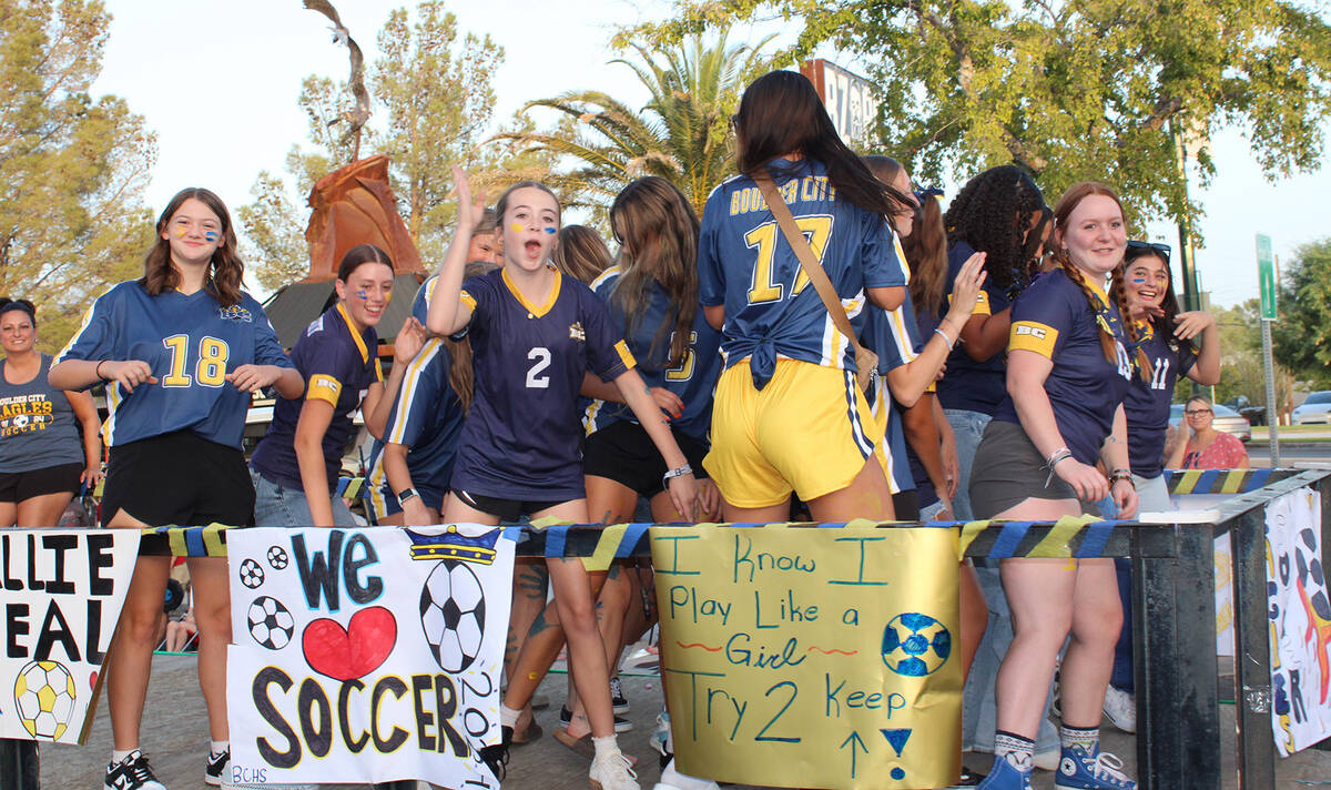 Ron Eland/Boulder City Review Members of the BCHS girls soccer team show their spirit during th ...