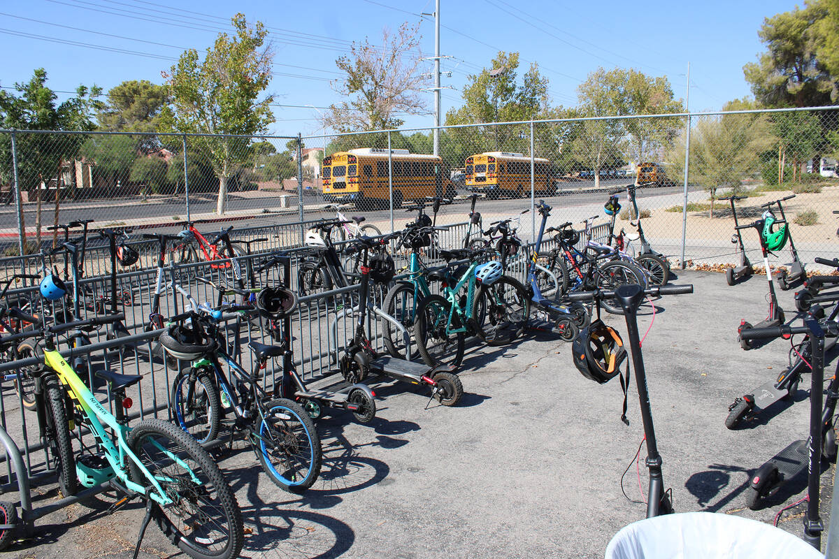 Ron Eland/Boulder City Review Bikes and scooters parked at Garrett Junior High School.