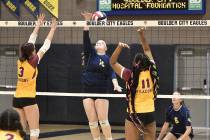Robert Vendettoli/Boulder City Review Laylani Gubler goes up for a kill against Del Sol on Aug. ...