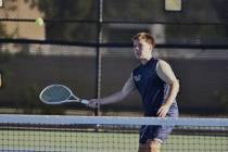 Robert Vendettoli/Boulder City Review Singles player Will Teeples returns the ball against Virg ...