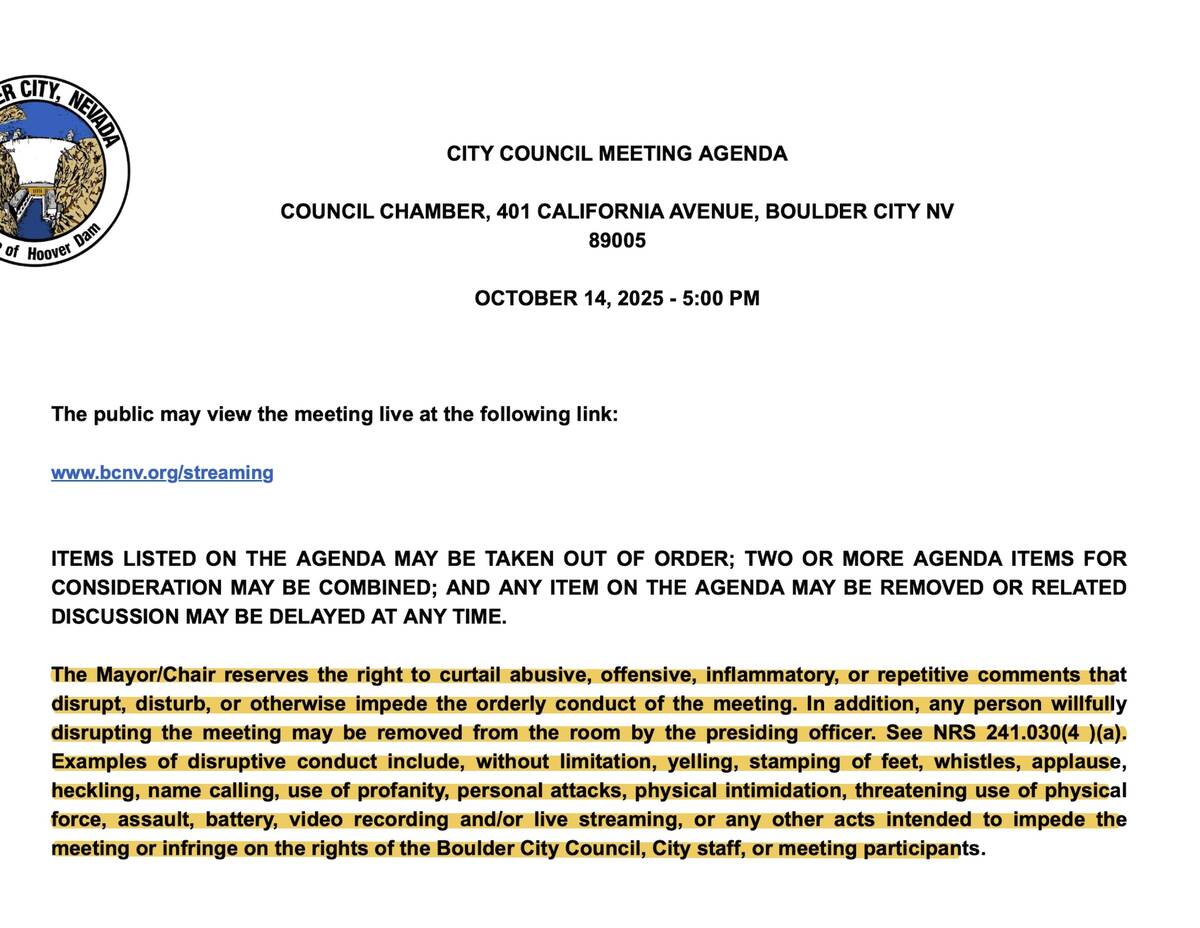 (Screenshot) Latest agenda for a city council meeting with the new language about "disruptive b ...