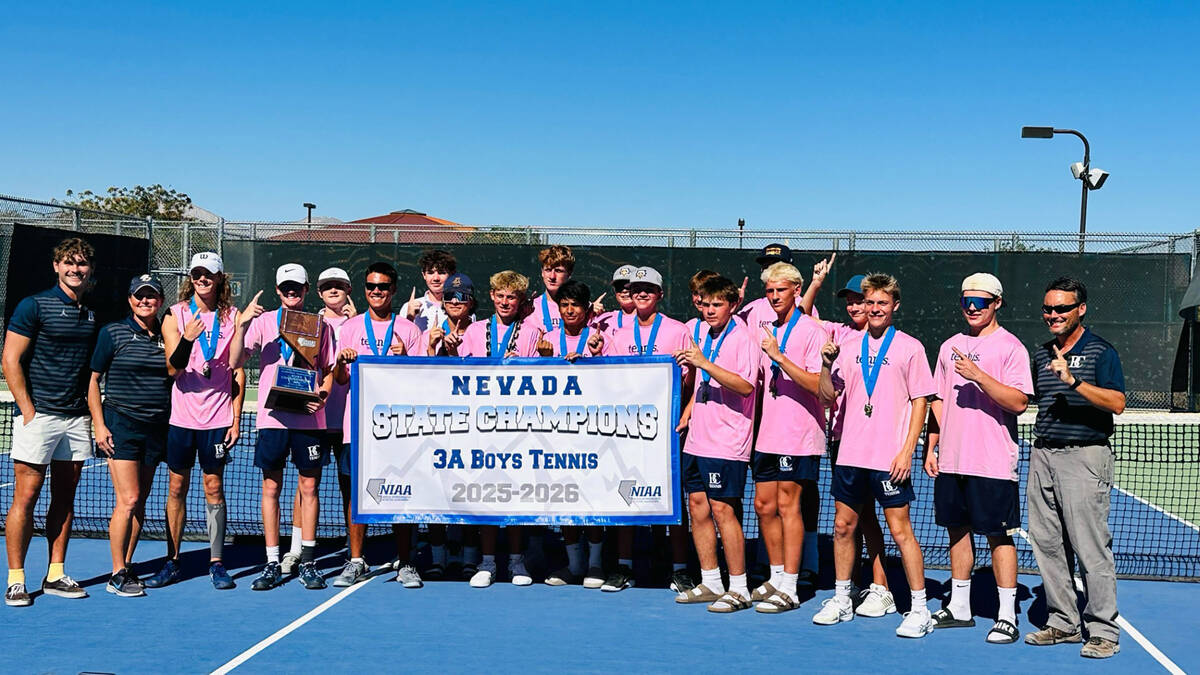Photo courtesy Rachelle Huxford Boulder City High School boys tennis celebrates winning the 3A ...