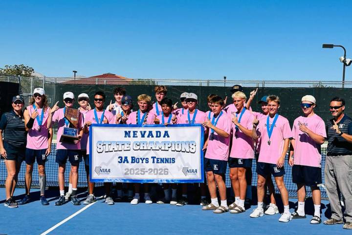 Photo courtesy Rachelle Huxford Boulder City High School boys tennis celebrates winning the 3A ...