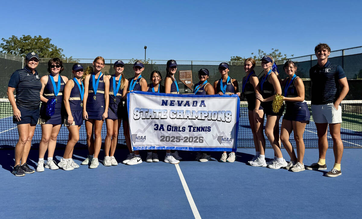 Photo courtesy Rachelle Huxford Boulder City High School girls tennis celebrates winning the 3A ...