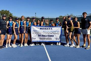 Photo courtesy Rachelle Huxford Boulder City High School girls tennis celebrates winning the 3A ...