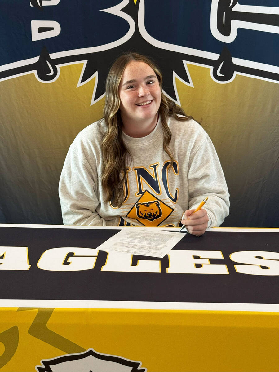 Boulder City High School softball star Payton Rogers signs her National letter of intent with N ...