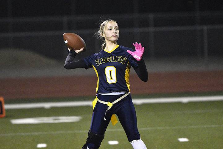 Robert Vendettoli/Boulder City Review Boulder City quarterback Tessa Hess throws the ball down ...