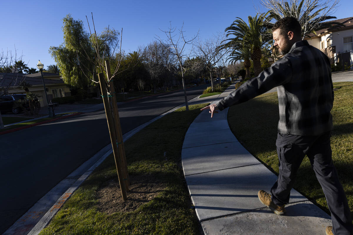 Mark Edington, a plaintiff in a lawsuit against the Southern Nevada Water Authority, points to ...