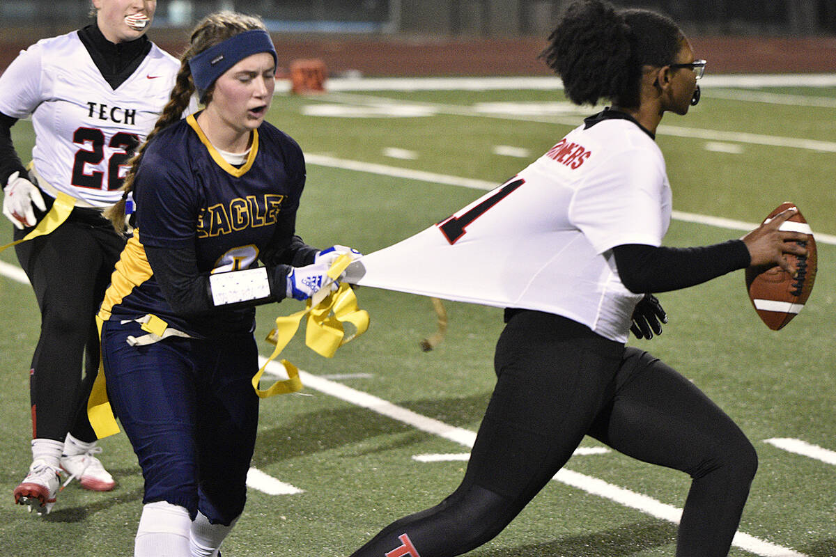 Robert Vendettoli/Boulder City Review A key defender for the Eagles, Hannah Stark makes a sack ...