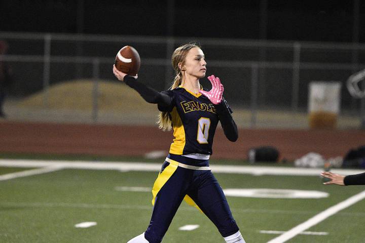 Robert Vendettoli/Boulder City Review Eagles star quarterback Tessa Hess drops back to pass aga ...