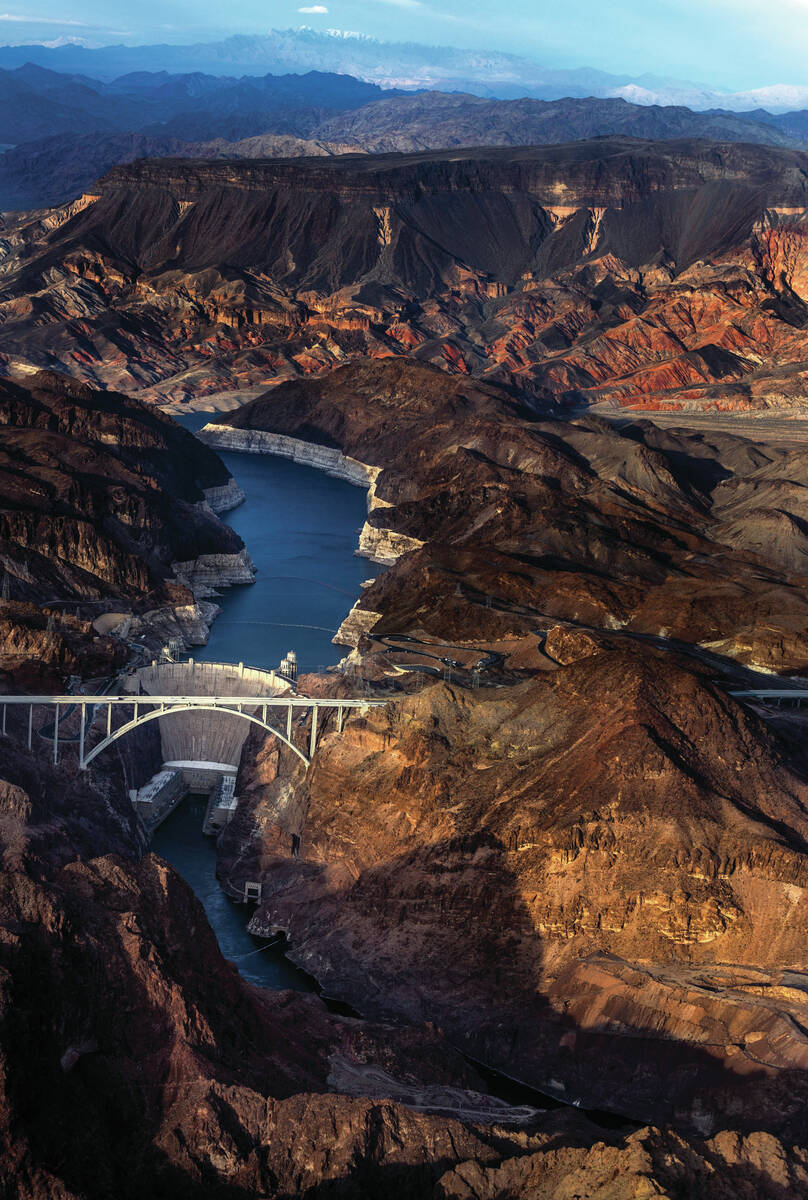 An aerial view of Hoover Dam and the Mike O'Callaghan–Pat Tillman Memorial Bridge with the Co ...