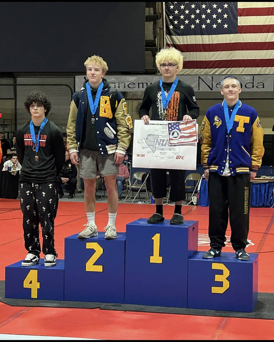 Photo courtesy Kevin Ruth Boulder City High School junior wrestler Otis Ruth stands on the podi ...