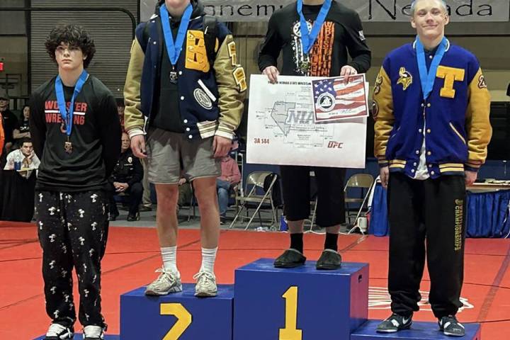Photo courtesy Kevin Ruth Boulder City High School junior wrestler Otis Ruth stands on the podi ...