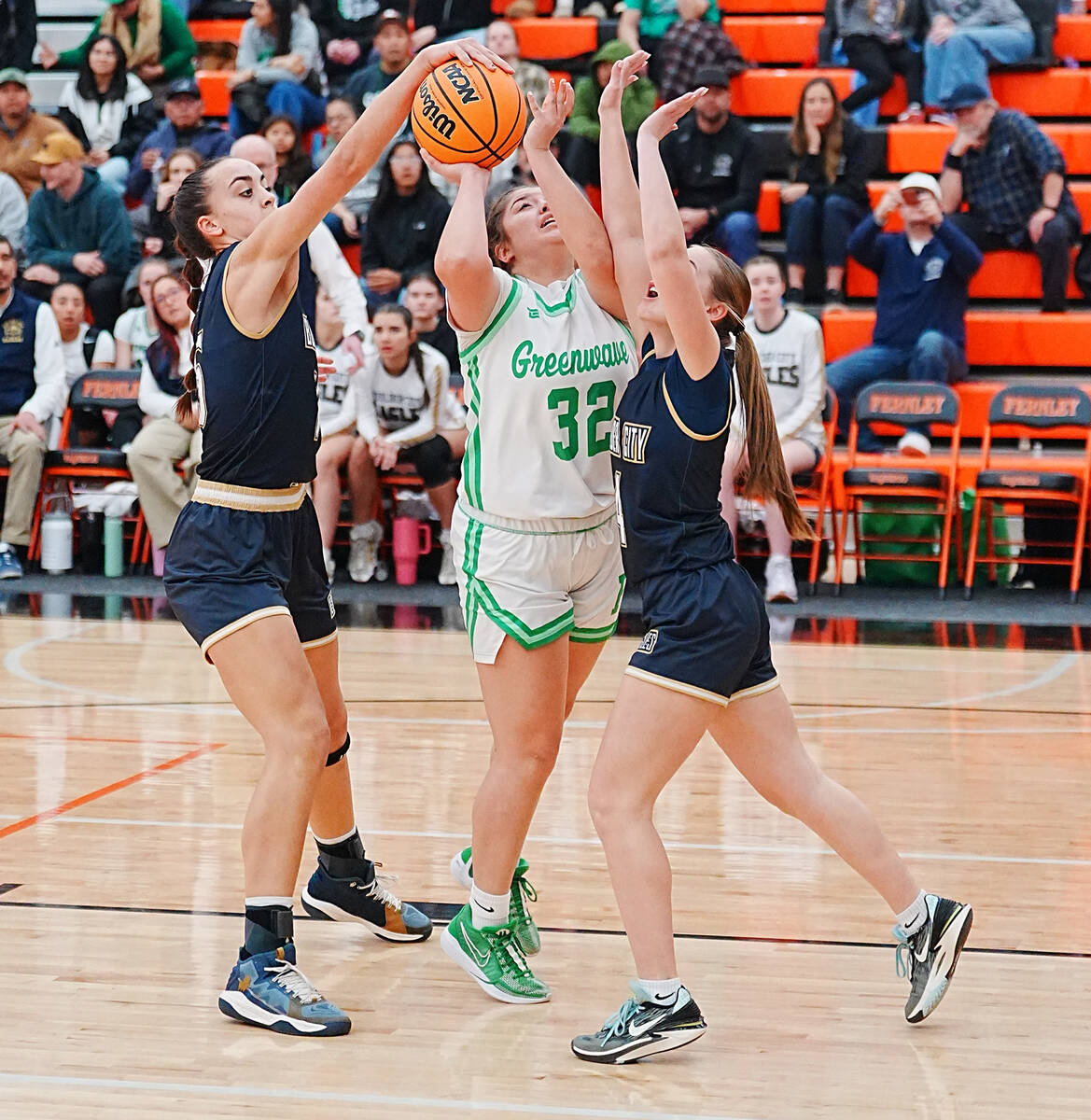 Photo courtesy Thomas Ranson/Lahontan Velley News Boulder City's Kyra Stevens blocks Fallo ...