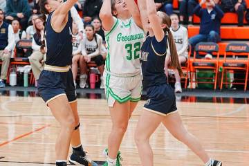 Photo courtesy Thomas Ranson/Lahontan Velley News Boulder City's Kyra Stevens blocks Fallo ...