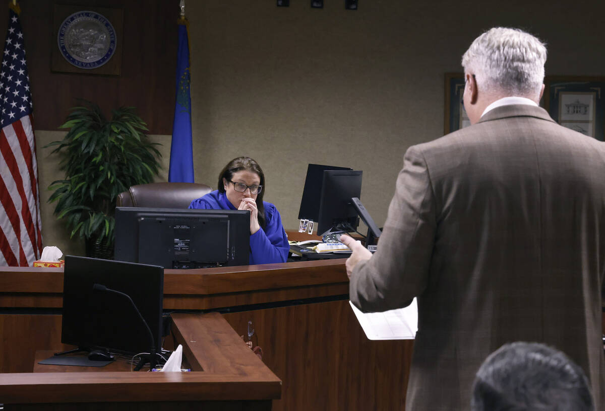 Judge Anna Albertson listens as Oliver Pancheri, representing the Southern Nevada Water Authori ...