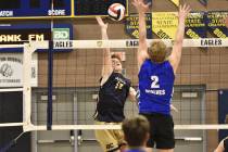 Robert Vendettoli/Boulder City Review Boulder City hitter Miles Alder spikes the ball against B ...
