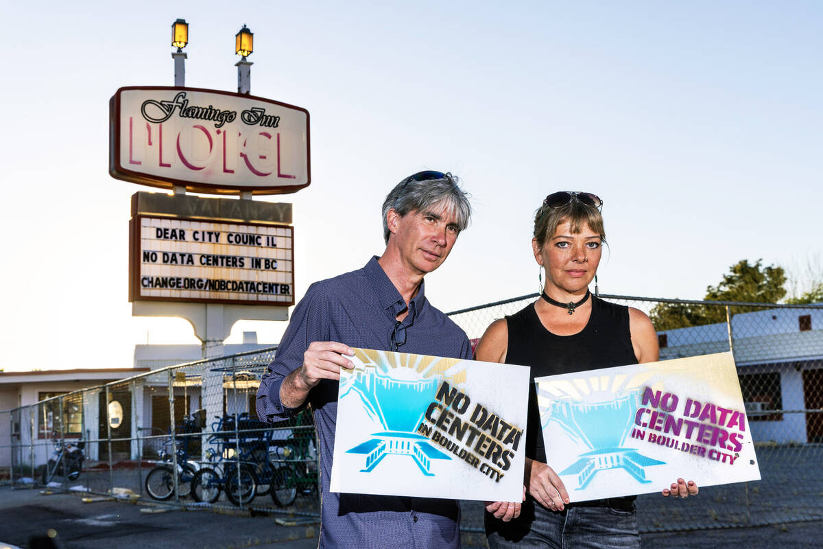 Brynn deLorimier, right, who started the petition against data centers in Boulder City, with he ...