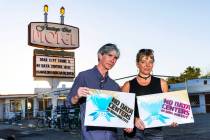 Brynn deLorimier, right, who started the petition against data centers in Boulder City, with he ...