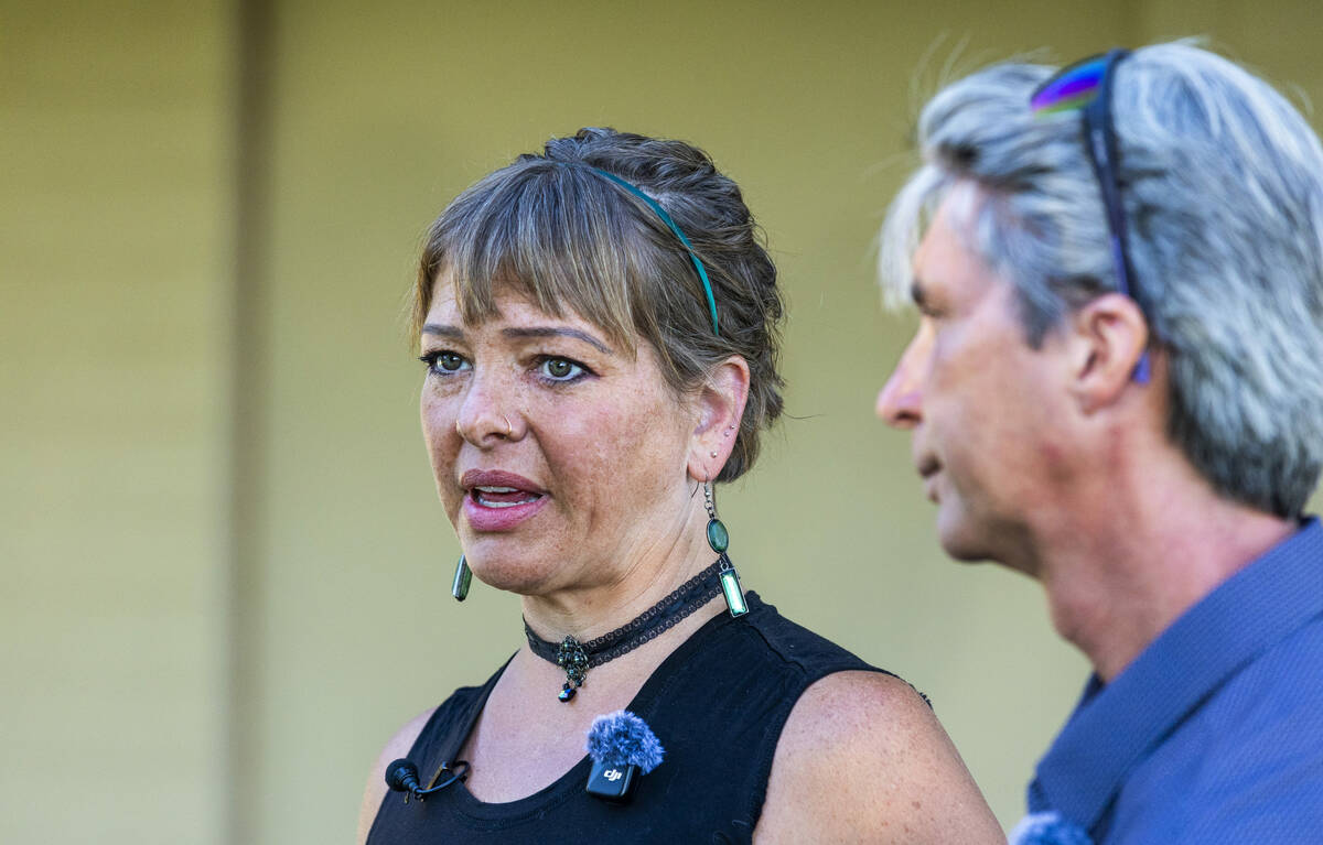 Brynn deLorimier, who started the petition against data centers in Boulder City, speaks beside ...