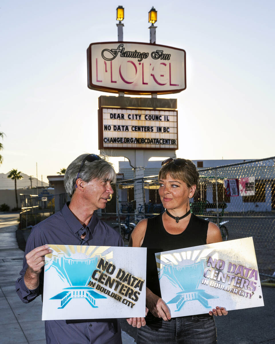 Brynn deLorimier, right, who started the petition against data centers in Boulder City, with he ...