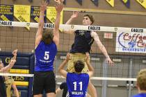 Robert Vendettoli/Boulder City Review Boulder City Volleyball star Levi Randall spikes the ball ...
