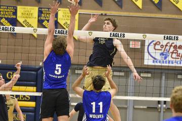 Robert Vendettoli/Boulder City Review Boulder City Volleyball star Levi Randall spikes the ball ...