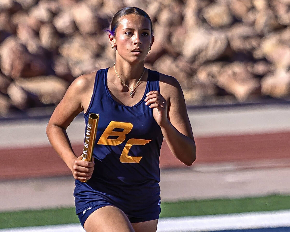 Photo courtesy Cathrin Goode Boulder City's Zoey Hayes sprints during the Eagles 4x800 rel ...