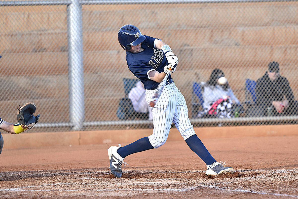 Robert Vendettoli/Boulder City Review Boulder City slugger Tate Crine gets a hit against Pahrum ...