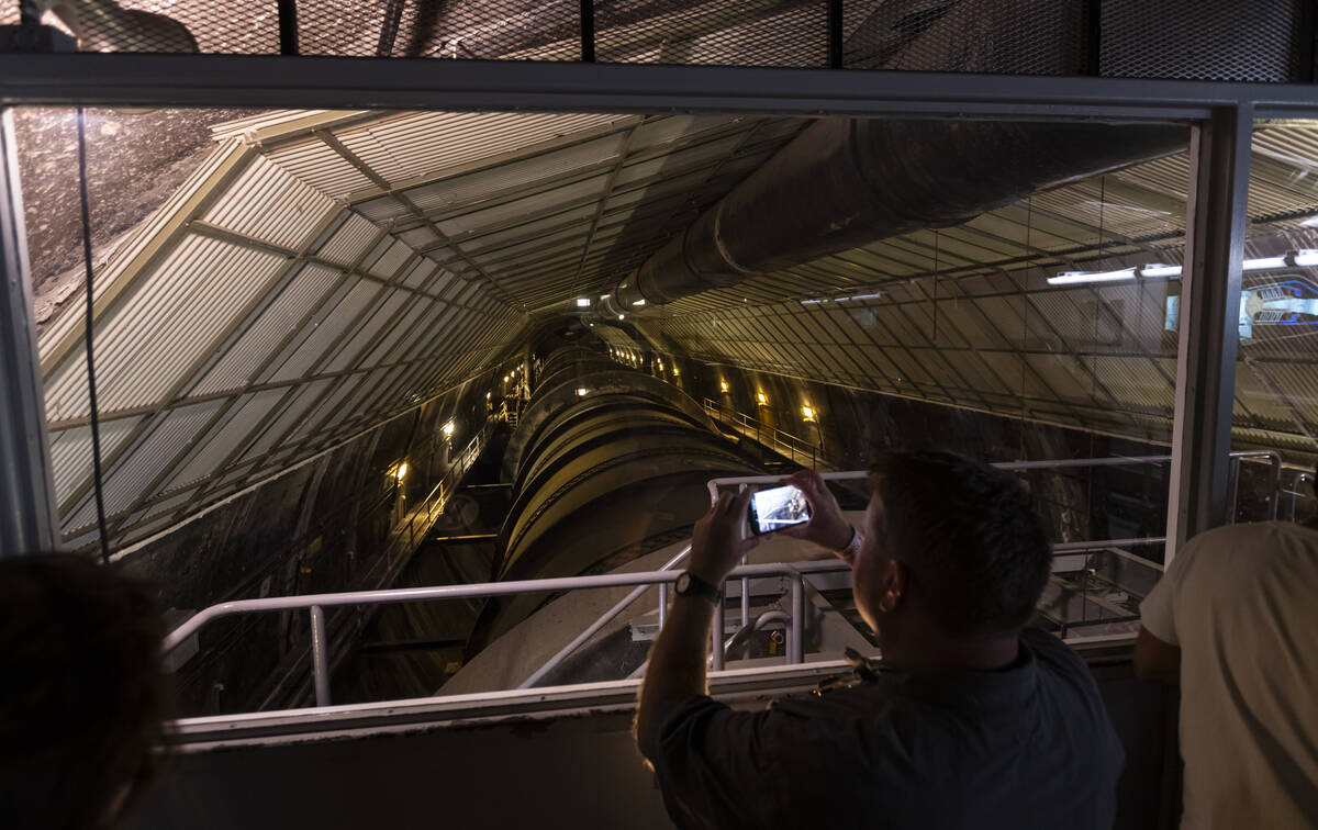 A penstock, which transports water to the power plant at Hoover Dam, is seen from a spillway tu ...