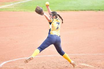 Robert Vendettoli/Boulder City Review Boulder City pitcher Rhiley Beck picks up the victory ove ...