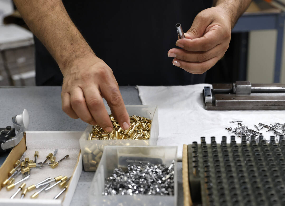 Carlos Sifuentes assembles the CH4 pens at the Fisher Space Pen factory on May 13, 2026, in Bou ...