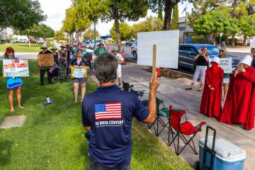 Adam Schultheis joins the Handmaidens of Las Vegas and other protesters as they gather to rally ...
