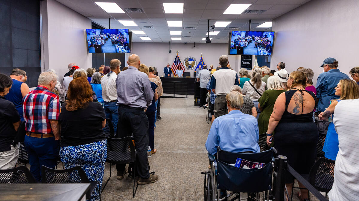 People fill the chamber as the Boulder City Council opens the floor to community members to dis ...