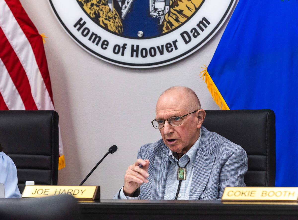 Mayor Joe Hardy addresses community members as the Boulder City Council discusses whether the c ...