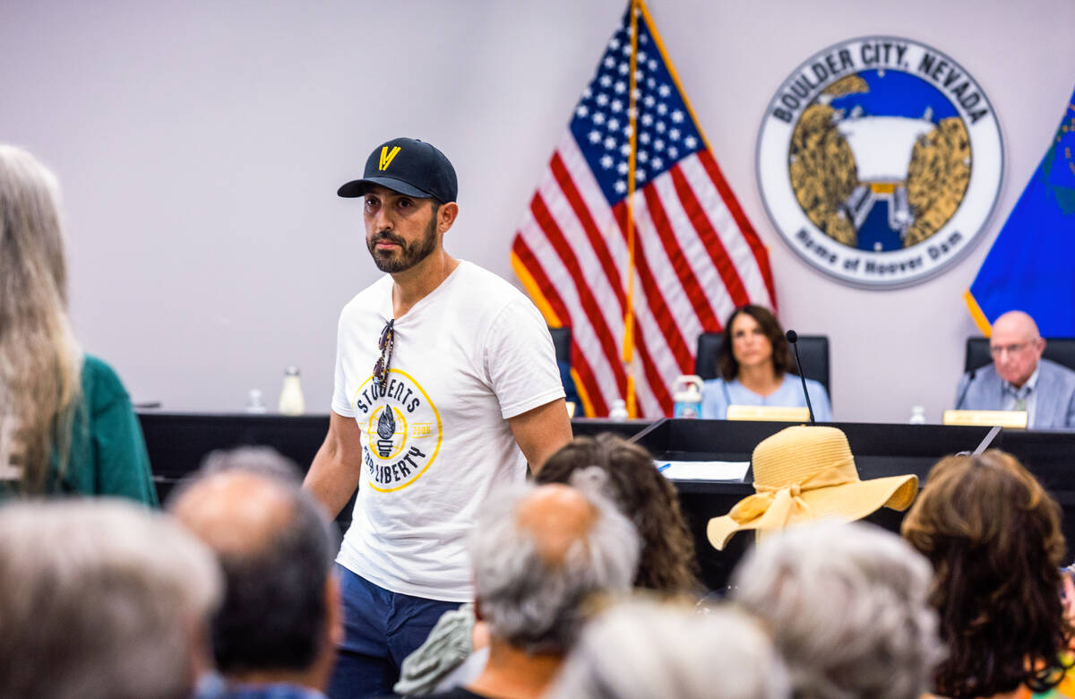 Speaker Gabriel Cornejo addresses the Boulder City Council as they discuss whether the council ...