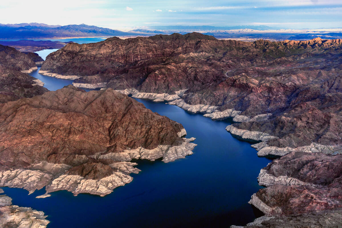 An aerial of water making its way through a passage in Lake Mead fed by the Colorado River on M ...